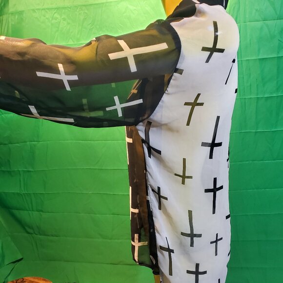 Kpop style black and white button down shirt long sleeves cross pattern goth - Picture 2 of 10